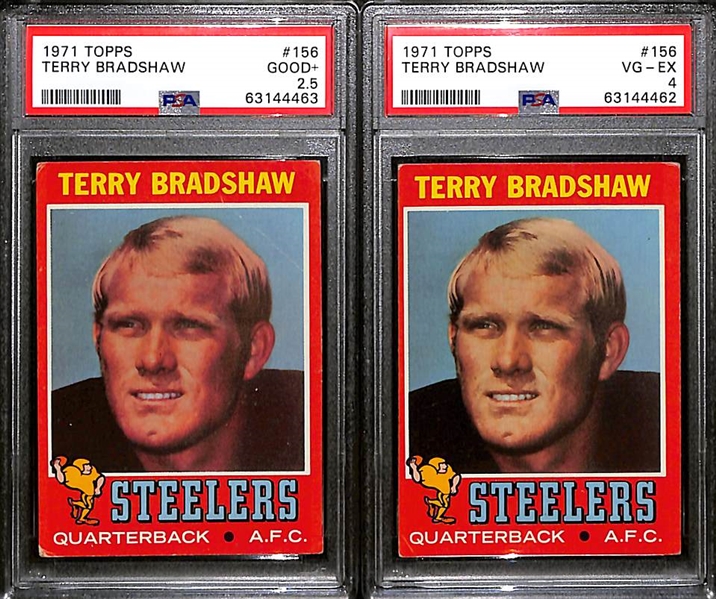 Lot of (2) 1971 Topps Terry Bradshaw Rookie Cards #156 - PSA 2.5 and PSA 4